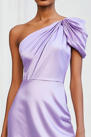 One Shoulder Lilac Satin Short Cocktail Dress